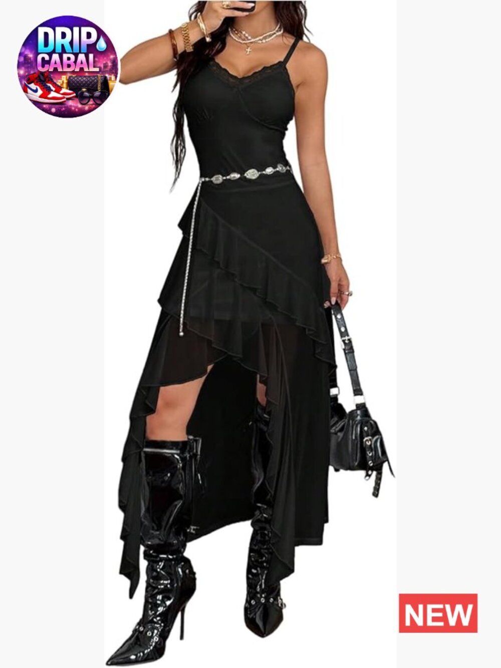 Lace Mesh Cowgirl Maxi Dress Y2K Asymmetrical Sleeveless Ruffle